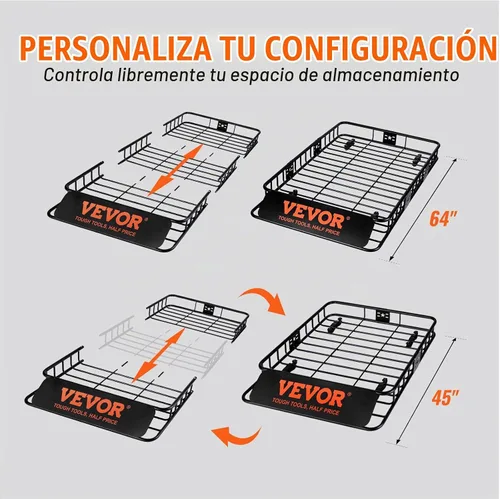 Vista 4 de VEVOR Cesta de Carga para Portaequipajes de Techo, 64" x 39" x 6" Transportador de Carga para Techo con Extensión, Acero Resistente de Servicio