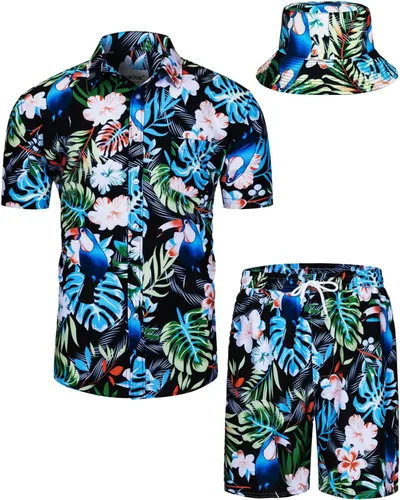 Vista 11 de TUNEVUSE Conjunto de camisas y pantalones cortos hawaianos para hombre, 2 piezas, trajes de playa con estampado de flores, traje tropical de verano