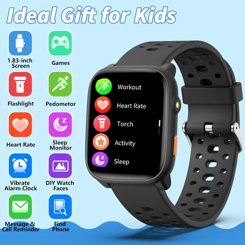 Vista 2 de Reloj inteligente para niños con juegos de rompecabezas, relojes para niños de 1.83", monitor de ritmo cardíaco, monitor de sueño, podómetro, reloj