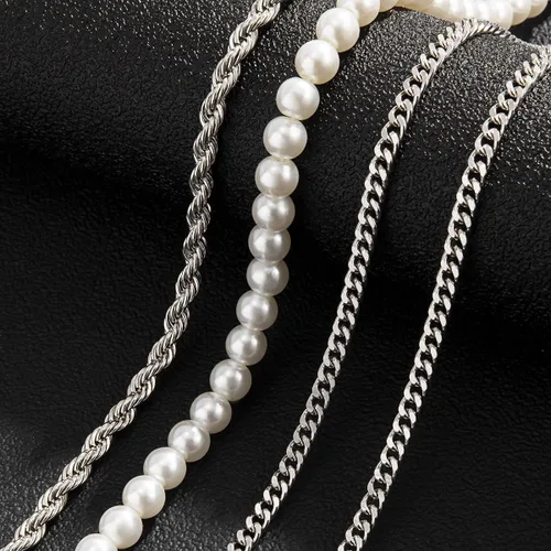 Vista 6 de YERTTER Collar gótico de cadena de plata de 4 capas para hombre, cadena de perlas, cadena gruesa, cadena torcida, cadena plana, gargantilla