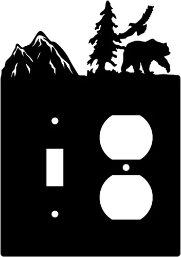 Vista 9 de Eagle & Bear - Placa de pared con interruptor de luz, doble dúplex, habitación de cabaña negra Cubiertas decorativas de metal para enchufe, se