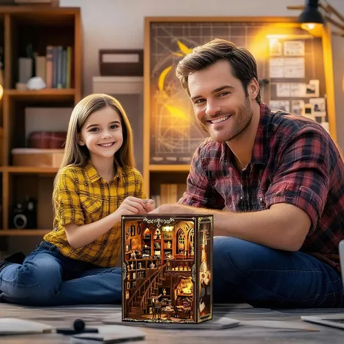 Vista 6 de Kit de rincón de libros en miniatura, rompecabezas de madera 3D, decoración de estantería de biblioteca con luces LED, modelo de casa pequeña