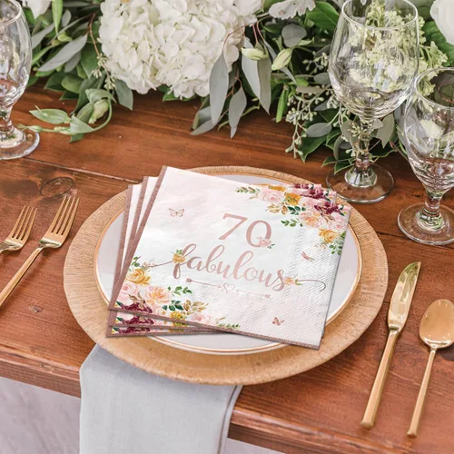Vista 6 de Decoraciones de cumpleaños número 70 para mujer, 40 servilletas de papel falulous de color oro rosa, suministros de fiesta de cumpleaños