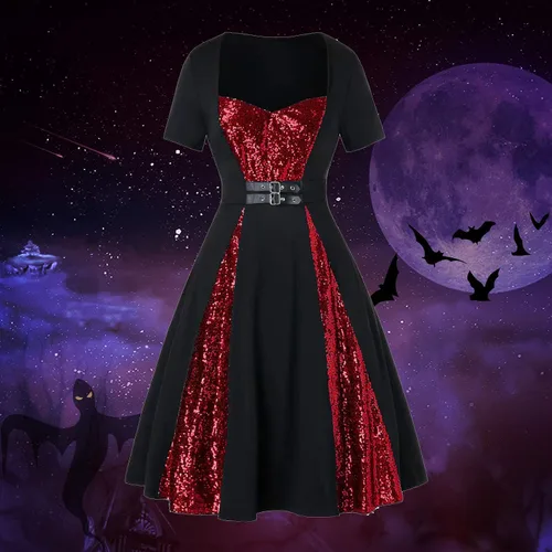 Vista 2 de Women 2023 Halloween Dress V Neck Short Sleeve Sequine Dresses Trendy Party Dress Steampunk Dress Vintage Dress Skirt