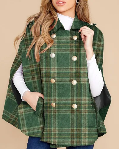 Vista 4 de Chaqueta a cuadros para mujer, abrigo de invierno con doble botonadura, poncho con bolsillos