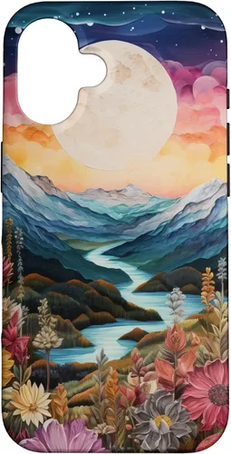 Vista 32 de Boho Chic Floral Moon Mountain Landscape Cute Pastel Design Case for iPhone 17