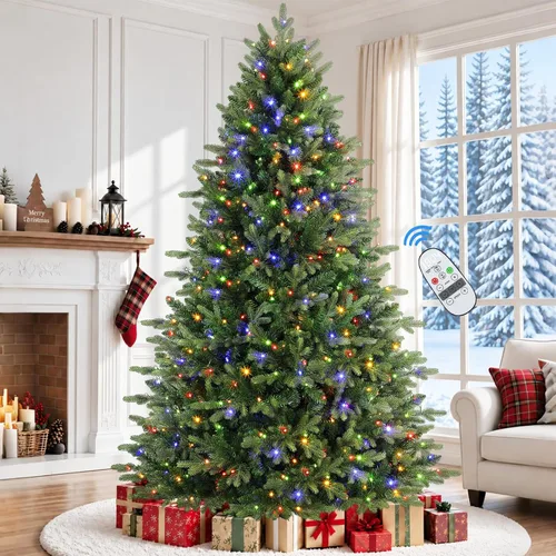 Vista 12 de Alupssuc - Árbol de Navidad artificial preiluminado de abeto con bisagras 250 luces blancas cálidas y multicolor, control remoto, 1393 puntas