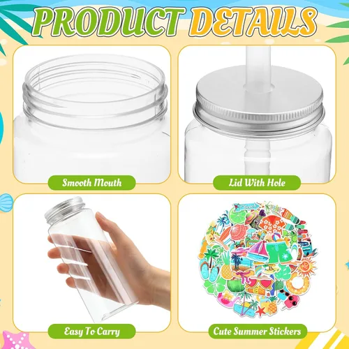 Vista 3 de Jingmore 12 botellas de plástico de 14 onzas con tapas para pajitas, vasos transparentes y reutilizables y calcomanías de verano para agua, té