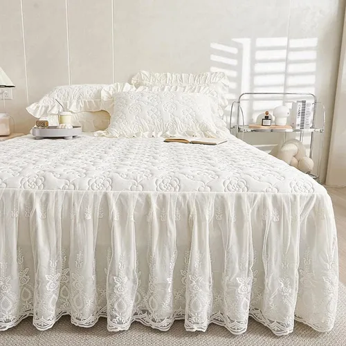 Vista 3 de Colcha acolchada de algodón brocado con patrón de flores, falda de cama con volantes, tamaño Queen, beige