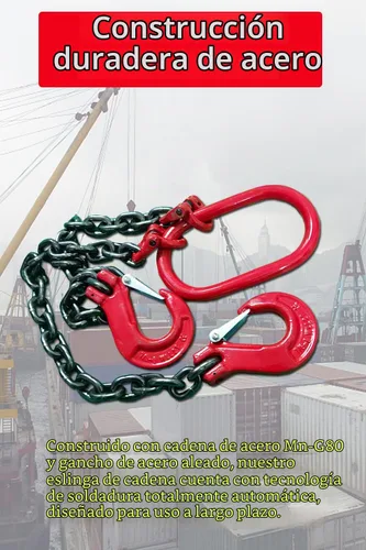 Vista 4 de Cadena de elevación industrial de 1.5 m de alta resistencia, capacidad de 2 toneladas, 6 mm de espesor, con doble pata y ganchos de eslinga
