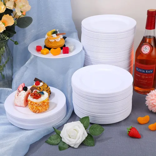 Vista 3 de Sieral 200 platos desechables de plástico con borde, platos de plástico duro para ensalada y postre de 7.5 pulgadas, platos resistentes para cenas
