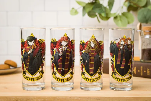 Vista 8 de Silver Buffalo Harry Potter Gryffindor Squad con Hermione Granger, Ron Weasley, y Fred y George estilo anime, juego de 4 vasos de vidrio de 10 onzas