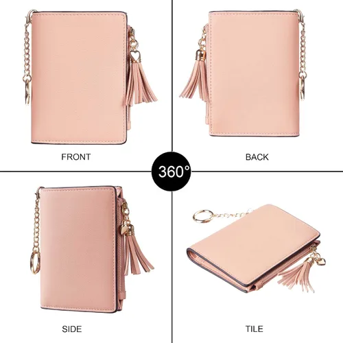 Vista 3 de Gostwo Mini cartera pequeña plegable para mujer con borla y bolsillo con cremallera para monedas, Rosa Con Llavero, Moda
