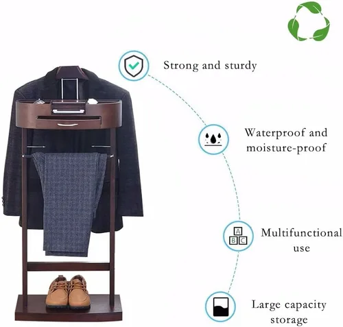 Vista 6 de Soporte de valet de madera para trajes, soporte de valet de madera, perchero de pie para ropa de pie con colgador de ropa y riel para pantalones