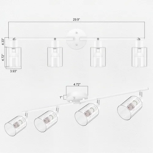 Vista 6 de BoostArea Lámparas de baño de 4 luces, modernas luces blancas de pared con pantalla de vidrio transparente, luz de techo flexible para espejo
