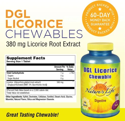 Vista 2 de Nature's Life DGL - Tabletas de regaliz, 380 mg, masticables, 100