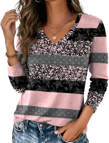 Vista 11 de Zeagoo Camisas de manga larga para mujer, cuello en V, casual, básica Rosa