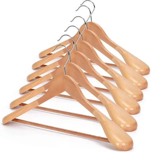 Vista 11 de JS Hanger Perchas de madera para trajes, paquete de 6 perchas de madera extra anchas con barra antideslizante para pantalones, acabado negro extra