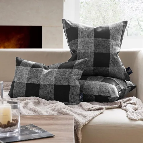 Vista 2 de Phantoscope - Juego de 2 fundas cuadradas para almohada o cojín, para decoración del hogar, diseño de cuadros de búfalo, negro y gris, 18 x 18