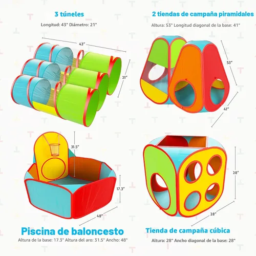 Vista 3 de Playz Paquete de tienda de juegos para niños de 7 piezas con 1 gran pelotero para bebés, 3 túneles de juego para niños pequeños y 3 tiendas