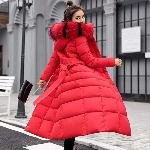 Vista 2 de Chaqueta de algodón para mujer, cuello de pelo grande, delgada, larga, hasta la rodilla, abrigos para mujer, talla grande