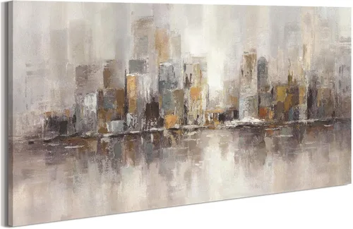 Vista 9 de Lienzo decorativo para pared de ciudad: paisaje abstracto de horizonte moderno, pintura de paisaje urbano contemporáneo, horizontal, vista urbana