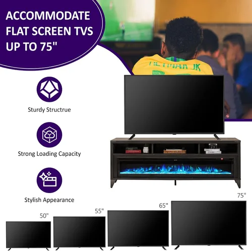 Vista 5 de AMERLIFE Soporte de TV con Chimenea de 65" con Chimenea Eléctrica de Cristal de 60", Centro de Entretenimiento Multimedia Industrial