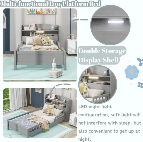 Vista 5 de Bellemave Base de cama individual con cabecera de almacenamiento y rieles para vallas, camas de plataforma baja de madera con luz LED y soporte