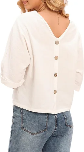 Vista 3 de LNX Camisas de lino con botones y cuello en V para mujer, blusas casuales de verano