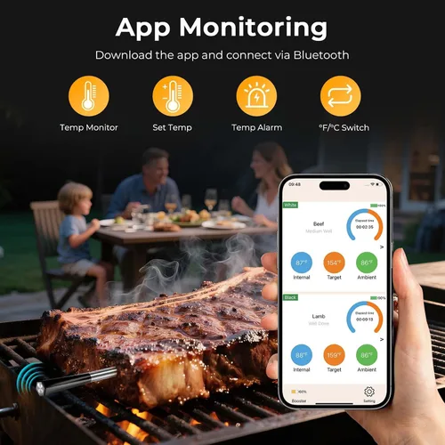 Vista 11 de BlueSwan Termómetro digital Bluetooth para carne, termómetro inalámbrico de 820 pies de alcance con 2 sondas de color con aplicación para parrilla