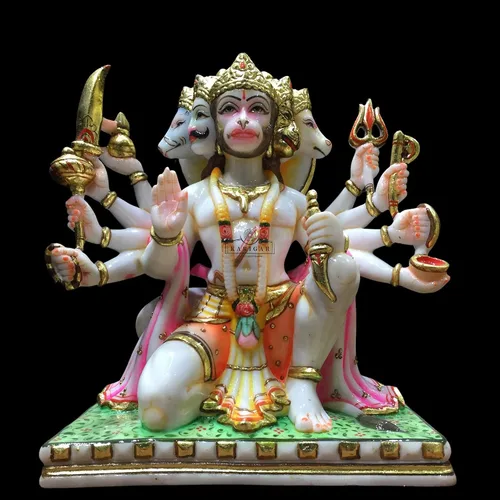 Vista 2 de Estatua de Hanuman Murti de 12 pulgadas de hoja de oro grande Panchmukhi Hanuman mármol bendición 5 caras Hanuman figura Hanuman mono hindú dios