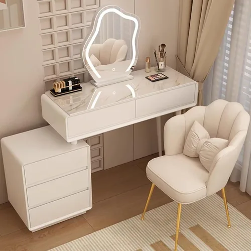Vista 20 de Tocador con espejo con luces, mesa de tocador con cajones, mesa de maquillaje blanca, 3 modos de iluminación de brillo ajustable, para dormitorio
