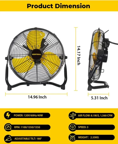 Vista 3 de VENTISOL - Ventilador de piso portátil de 12 pulgadas, ventiladores industriales de metal de 3 velocidades con inclinación de 180°, ventilador