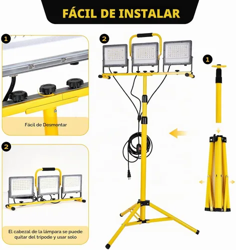 Vista 2 de Luces de trabajo LED de 30000 lúmenes con soporte - Luz de trípode plegable impermeable de 3 cabezales ajustables, luz de día de 6500K