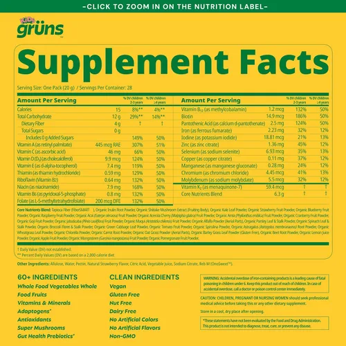 Vista 3 de Gruns Multivitamínico para niños, gomitas Super Greens, más de 20 vitaminas y minerales, espirulina, clorella, alfalfa, fibra prebiótica
