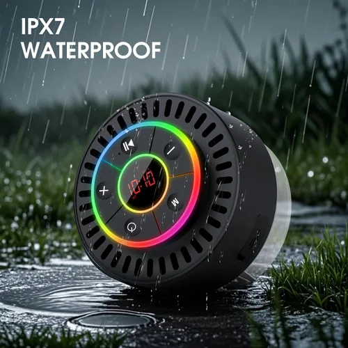 Vista 5 de Altavoz Bluetooth, altavoz de ducha IPX7 impermeable, altavoces Bluetooth inalámbricos con graves intensos, altavoz portátil con luz LED, ventosa