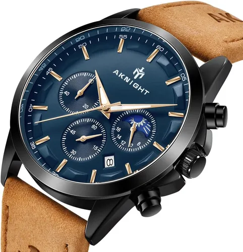 Vista 2 de AKNIGHT Men Watch Watch for Men Waterproof Stainless Steel Chronograph Quartz Analog Fashion Business Minimalist Sport Work Wrist Watches, Easy Read