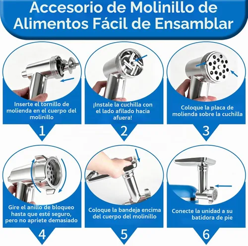 Vista 6 de KitchenAid - Molinillo de carne para batidora de pie, molinillo de alimentos de acero inoxidable con 3 tubos de relleno de salchichas, 4 placas