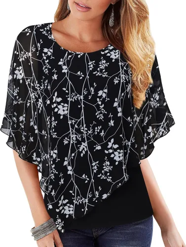 Vista 13 de Lotusmile Blusas elegantes de gasa tipo poncho para mujer 25 impresiones punto negro