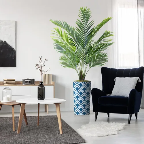 Vista 30 de Árbol artificial con diseño de hojas blancas y negras, palmera tropical areca artificial de seda para decoración del hogar en interiores y Diseño
