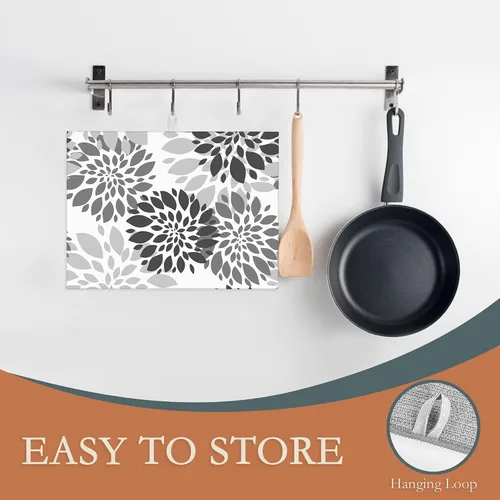Vista 3 de Tapete de secado de platos de dalia blanca y negra para decoración de encimera de cocina, almohadilla geométrica para secado de platos, microfibra