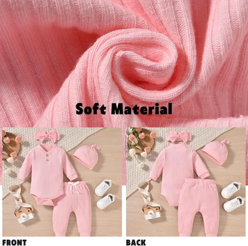 Vista 5 de Aalizzwell Traje acanalado de manga larga neutral para bebé con sombrero y diadema