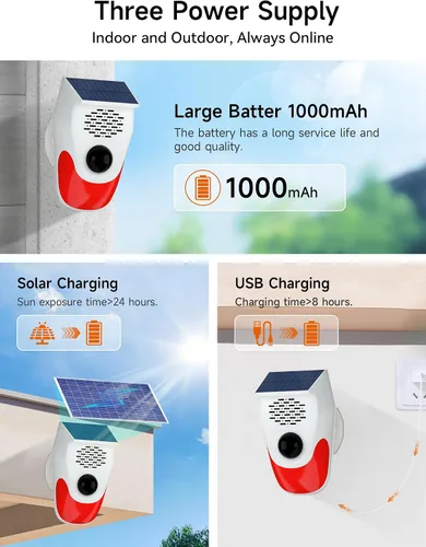 Vista 6 de PILSAMAS Alarma solar con sensor de movimiento con carga de voz personalizada: generador de ruido fuerte de 120 dB y luces estroboscópicas, control