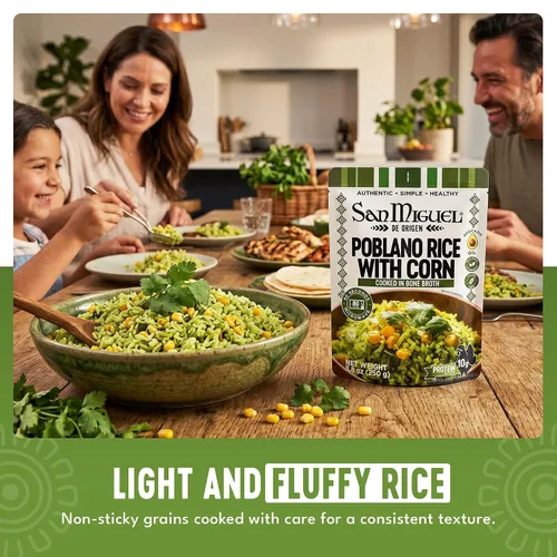 Vista 2 de San Miguel Microondas Poblano Arroz Maíz, 0.35 oz Proteína Arroz poblano con maíz • Caldo de huesos • Aceite de aguacate • 0.35 oz de proteína • Sin