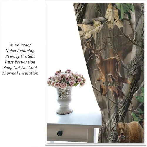 Vista 5 de Cortinas opacas de camuflaje de bosque, animales salvajes, osos, ciervos, alces, con bolsillo para barra, para sala de estar, dormitorio, decoración