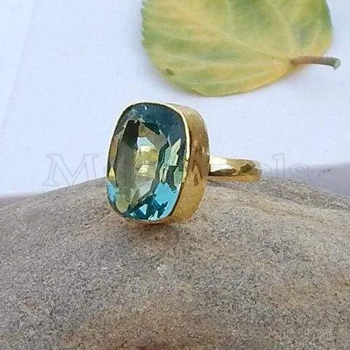 Vista 3 de Anillo de topacio azul cielo, plata de ley maciza, relleno de oro amarillo, anillo de piedras preciosas, anillo delicado único, anillo bohemio