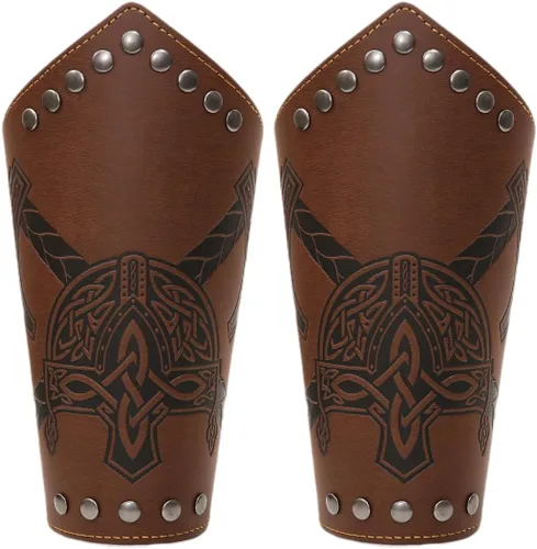 Vista 8 de Medieval Leather Bracers Embossed Viking Knight Cosplay Arm Guard Jormungandr Brazo de cuero Armadura-marrón (2pcs)