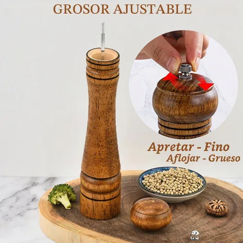 Vista 4 de Molinillo de pimienta de madera de 10 pulgadas de grosor ajustable, molino de pimienta de madera o molino de sal con rotor de cerámica ajustable