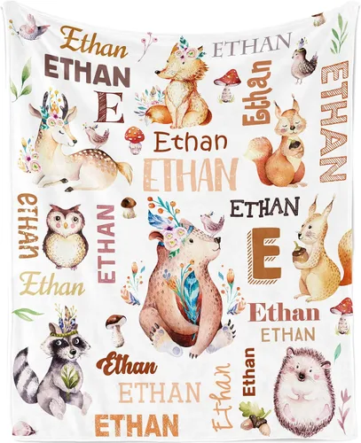 Vista 17 de KAINSY Manta personalizada de animales para niños y niñas, safari en la selva, manta con nombre personalizado para cama de cuarto de bebé