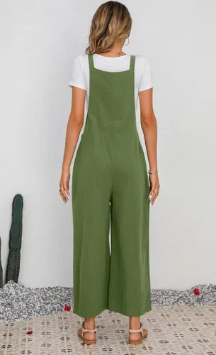 Vista 2 de chouyatou Overol de lino con pechera de pierna ancha para mujer, pantalones palazzo, informal, de lino